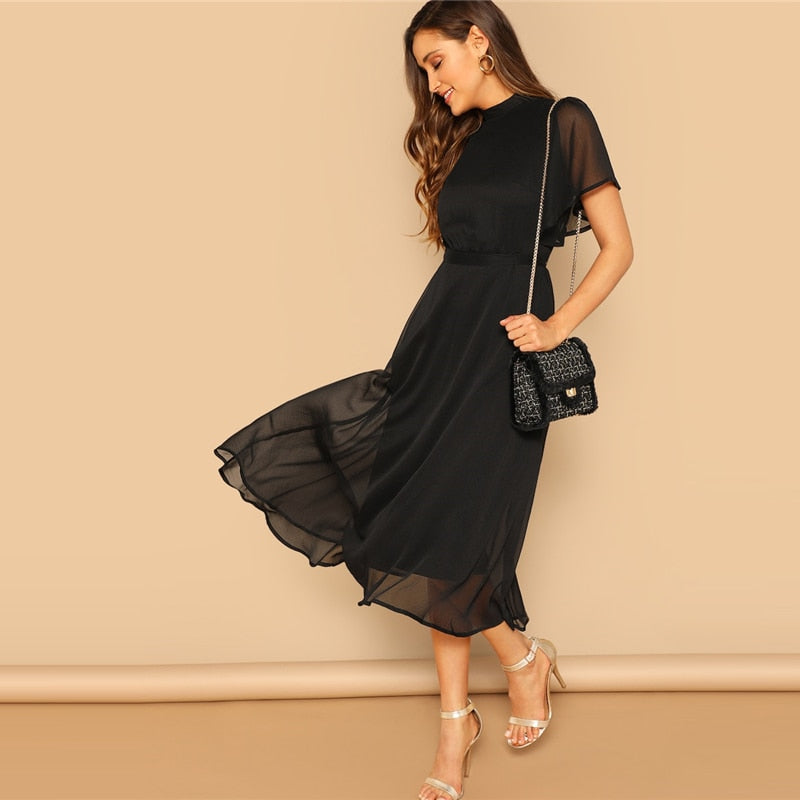Glamorous Black Mock-neck Knot Back Sheer Panel Dress Spring A Line Butterfly Sleeve Stand Collar Elegant Dresses-4