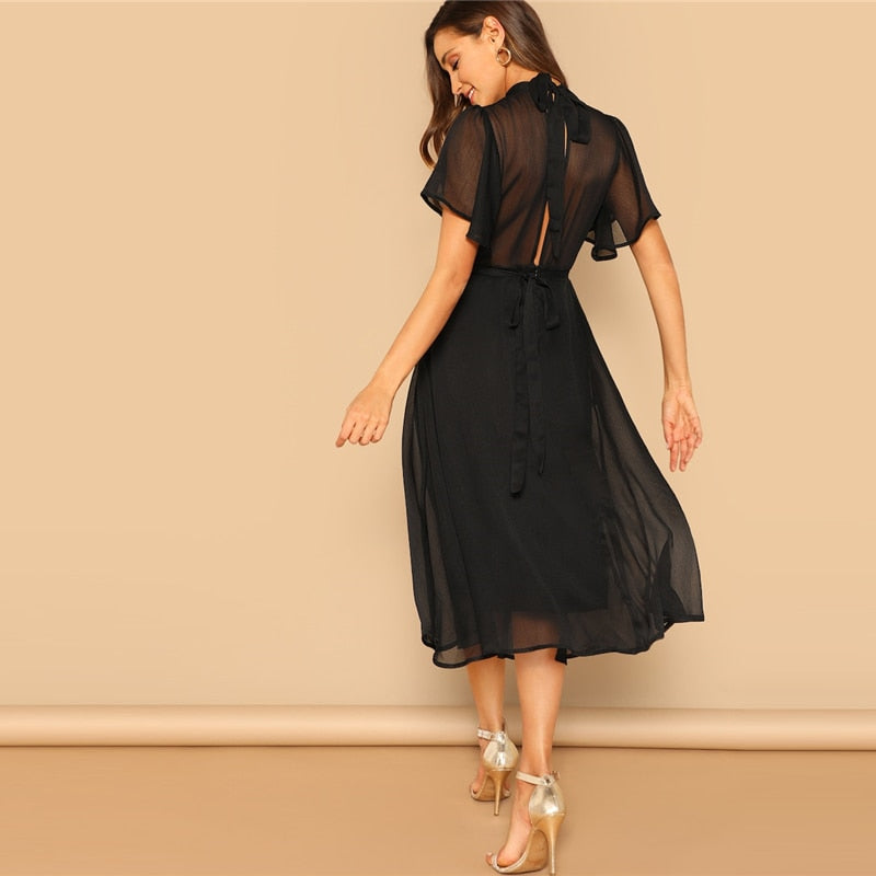 Glamorous Black Mock-neck Knot Back Sheer Panel Dress Spring A Line Butterfly Sleeve Stand Collar Elegant Dresses-3