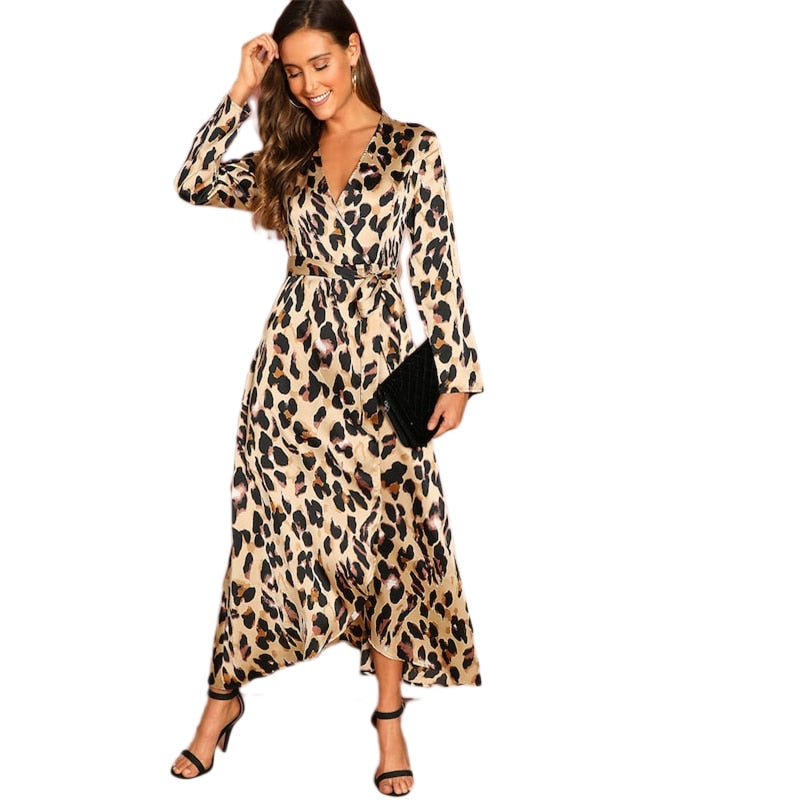 Multicolor Surplice Wrap Satin Leopard Deep V Neck  Half Sleeve Dress Elegant Women Autumn Modern Lady Dresses-1