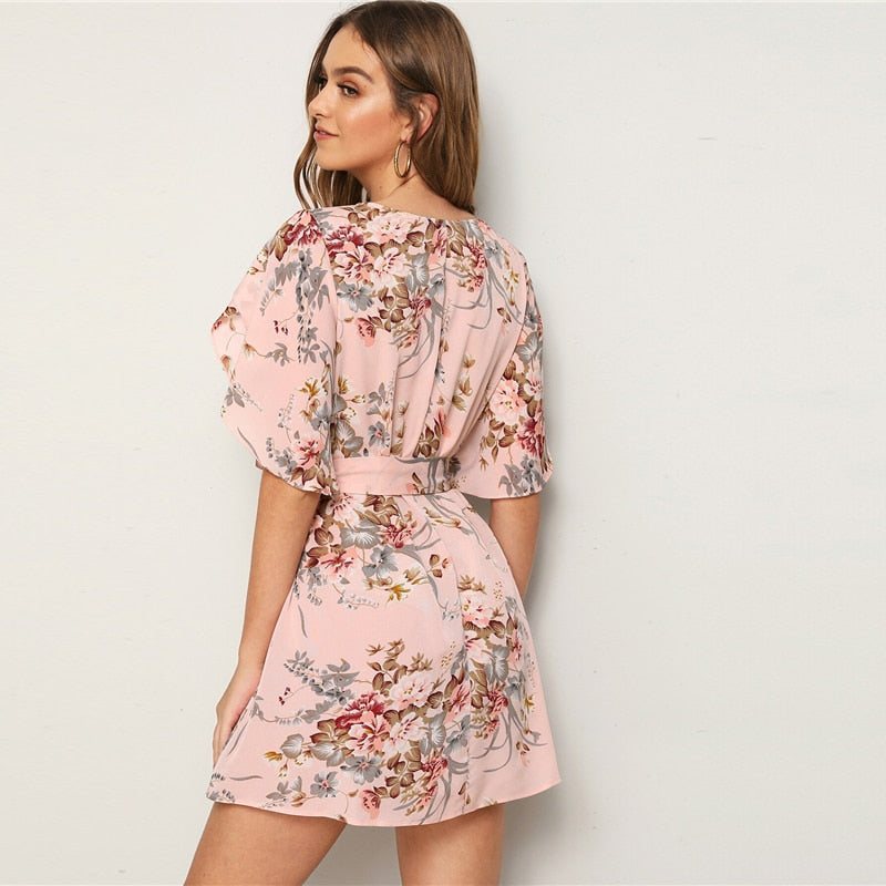 Pastel Pink Split Sleeve Self Belted Floral Print Dress Women Summer Boat Neck Bohemian Ladies Straight Short Dresses-2
