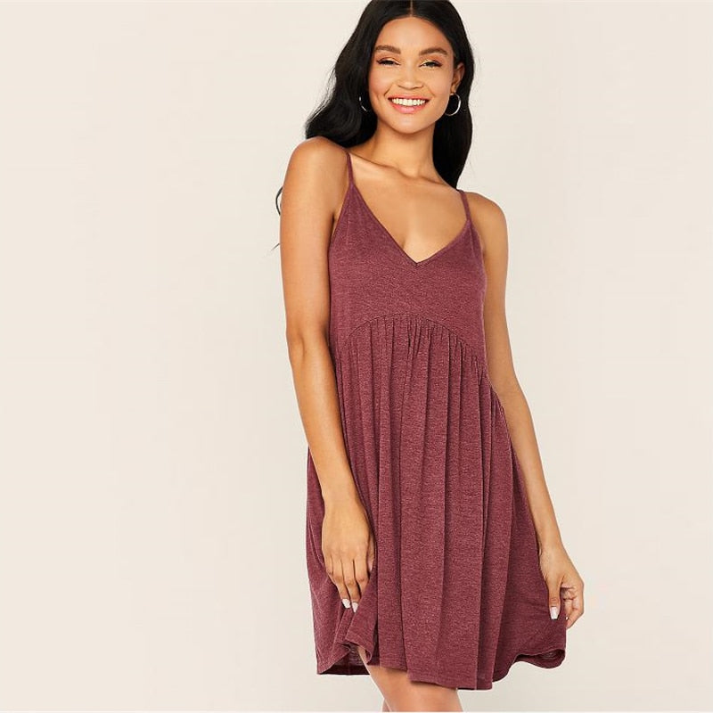 Solid Criss-cross High Waist Slip Cami Dress Women Summer Deep V Neck Pleated Hem Fit and Flare Casual Short Dresses-1