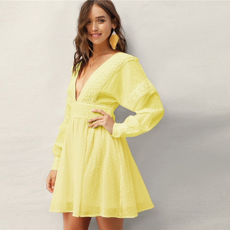 Lady Sexy Guipure Lace Dot Jacquard Knot Backless Deep V Neck Mini Dress Women Spring Boho Fit and Flare Midi Dress-0