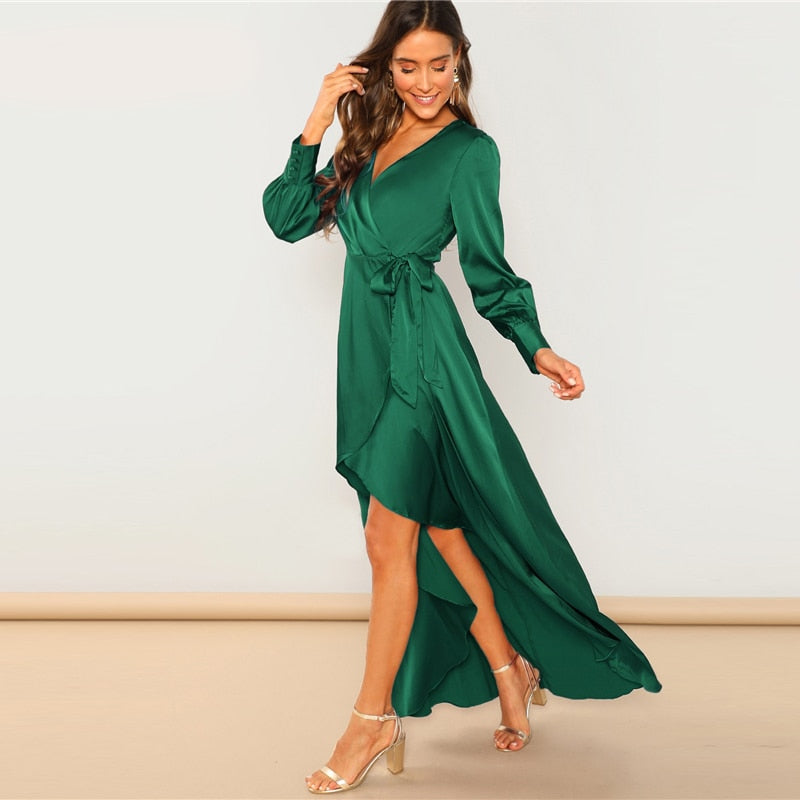 Green Solid Surplice Wrap Knot High Waist Belted Maxi Plain V Neck Dress Women Casual Summer Modern Lady Elegant Dress-0