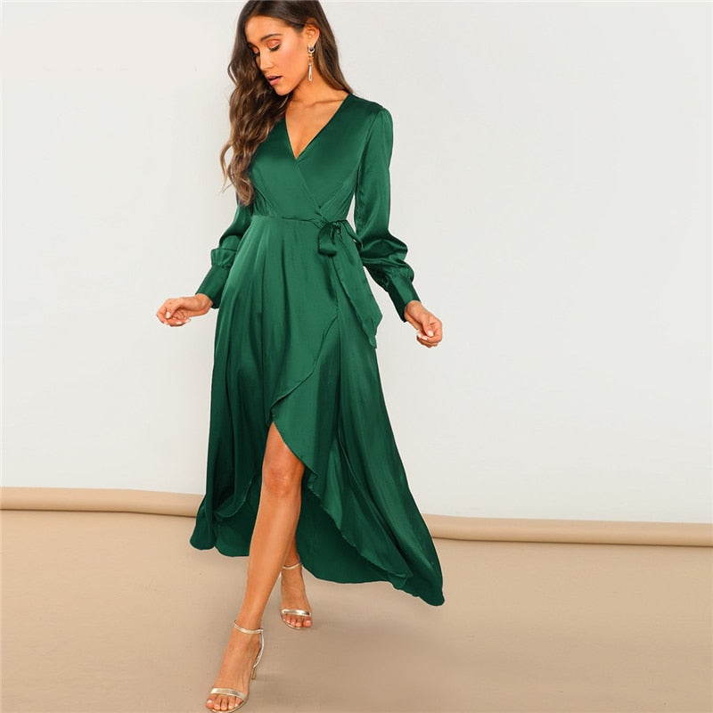 Green Solid Surplice Wrap Knot High Waist Belted Maxi Plain V Neck Dress Women Casual Summer Modern Lady Elegant Dress-1
