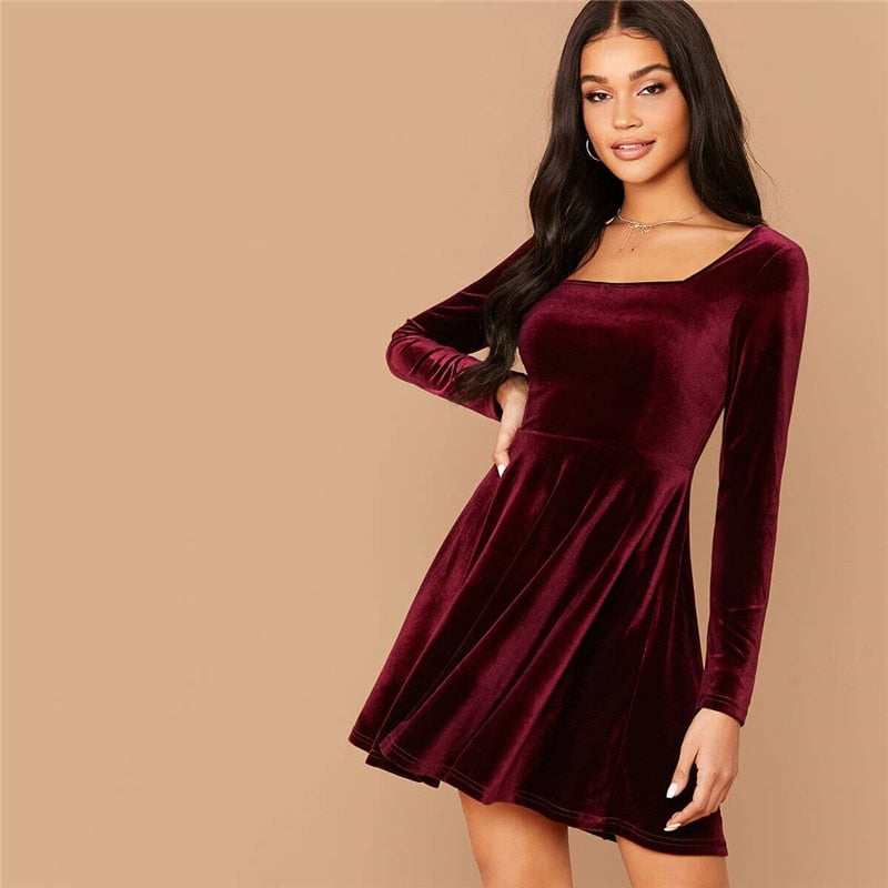 Solid Square Neck Flared Elegant Velvet Dress Women Spring High Waist Long Sleeve Ladies Fit And Flare Party Short Dresses-2
