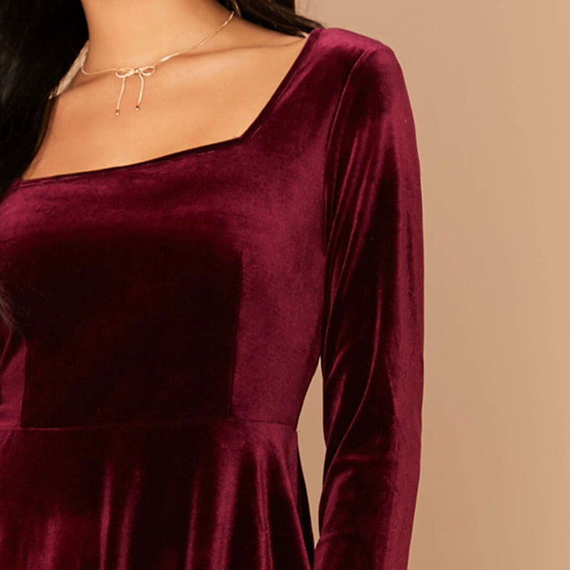 Solid Square Neck Flared Elegant Velvet Dress Women Spring High Waist Long Sleeve Ladies Fit And Flare Party Short Dresses-1