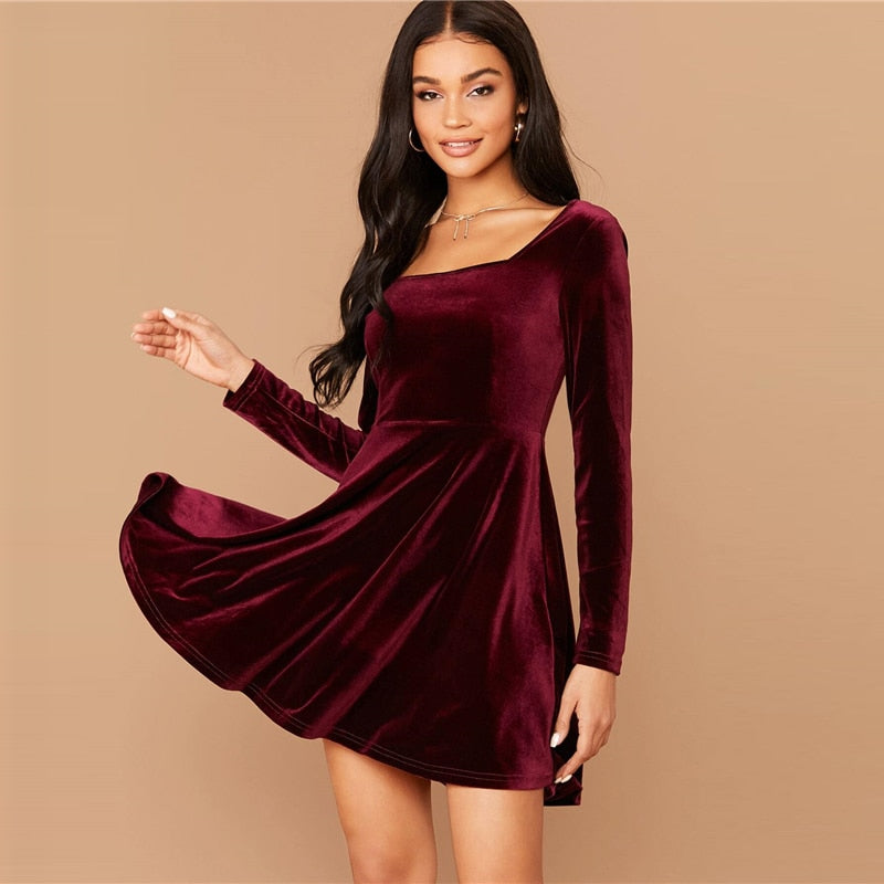 Solid Square Neck Flared Elegant Velvet Dress Women Spring High Waist Long Sleeve Ladies Fit And Flare Party Short Dresses-0