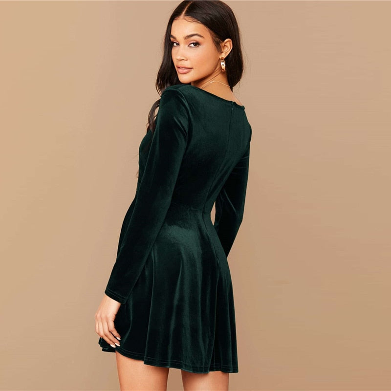Solid Square Neck Flared Elegant Velvet Dress Women Spring High Waist Long Sleeve Ladies Fit And Flare Party Short Dresses-4