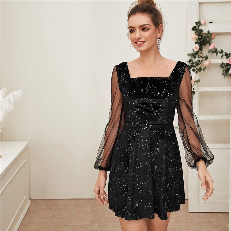 Galaxy Print Contrast Sheer Mesh Sleeve Christmas Velvet Dress Women Spring Square Neck A Line Party Short Flared Dresses-0