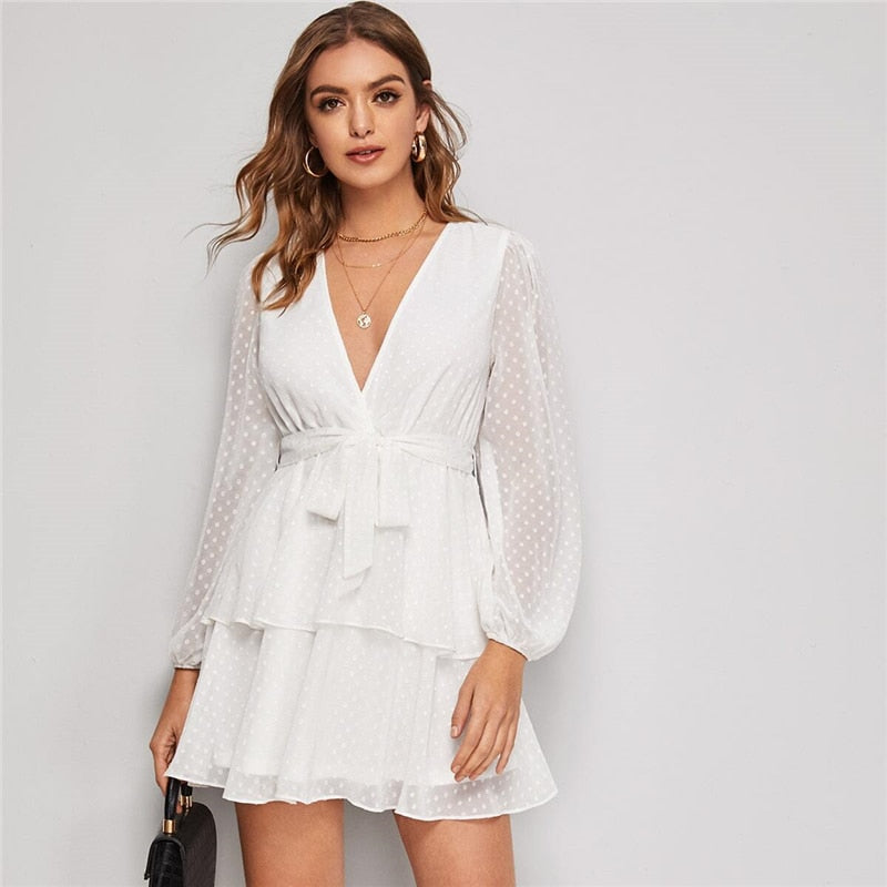 Purple Deep V Neck Double Layer Hem Swiss Dot Dress Women Autumn Bishop Sleeve Sexy Ladies Belted Short Dresses-4