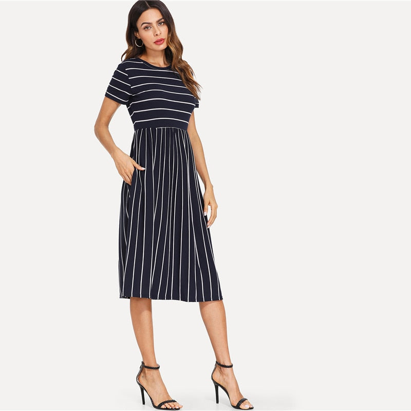 Navy Elegant Round Neck Short Sleeve Mixed Stripe Natural Waist Smock Dress Summer Women Weekend Casual Dresses-2
