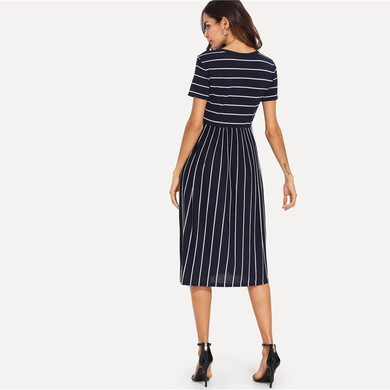 Navy Elegant Round Neck Short Sleeve Mixed Stripe Natural Waist Smock Dress Summer Women Weekend Casual Dresses-4
