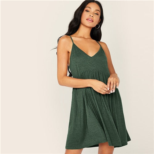 Solid Criss-cross High Waist Slip Cami Dress Women Summer Deep V Neck Pleated Hem Fit and Flare Casual Short Dresses-5