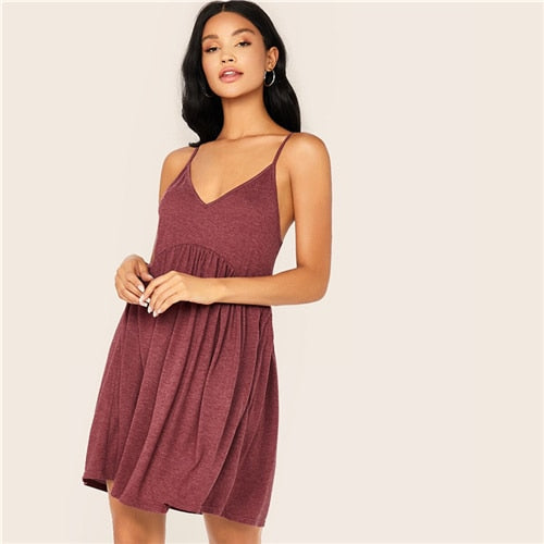 Solid Criss-cross High Waist Slip Cami Dress Women Summer Deep V Neck Pleated Hem Fit and Flare Casual Short Dresses-2