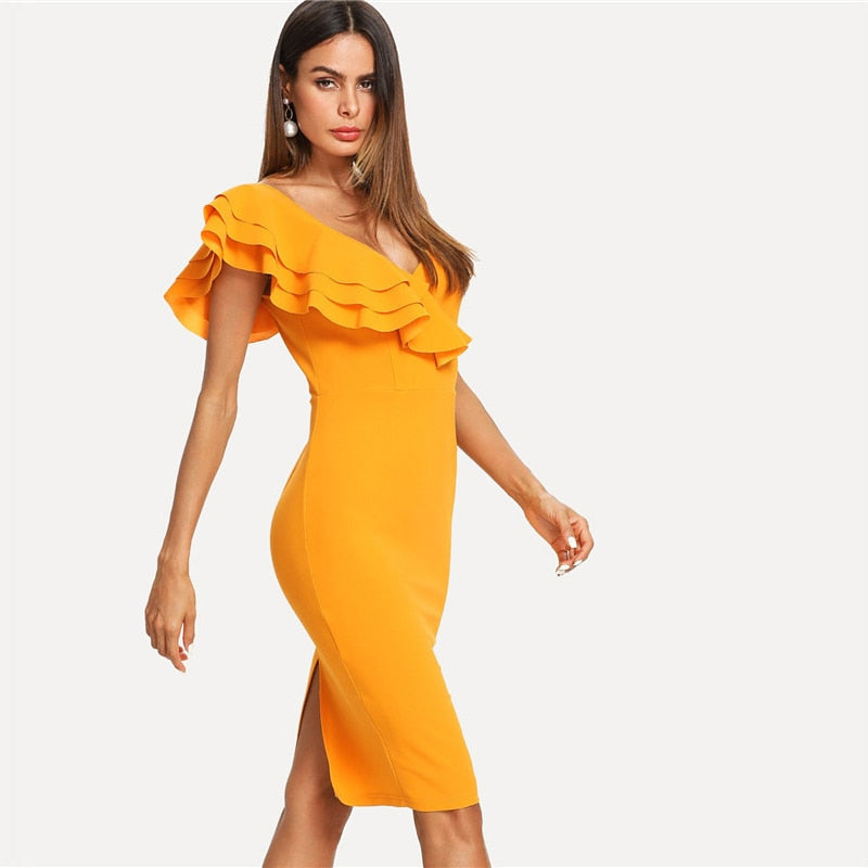 Sleeveless Ruffle Layered Flounce Trim Split Back V Neck Party Bodycon Dress Women Summer Knee Length Slim Pencil Dress-3