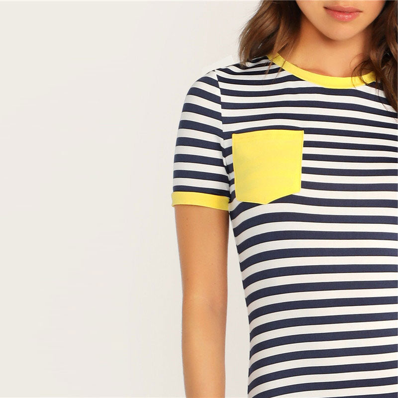 Pocket Patched Striped Ringer Tshirt Casual Dress Women Short Sleeve Preppy Round Neck Summer Dress Slim Bodycon Dresses-4