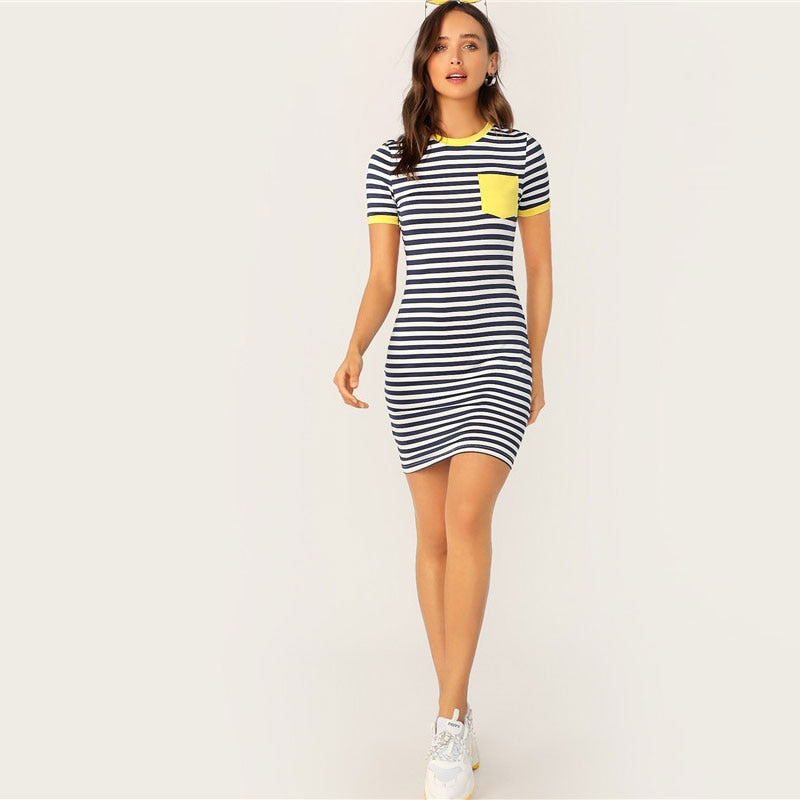 Pocket Patched Striped Ringer Tshirt Casual Dress Women Short Sleeve Preppy Round Neck Summer Dress Slim Bodycon Dresses-1
