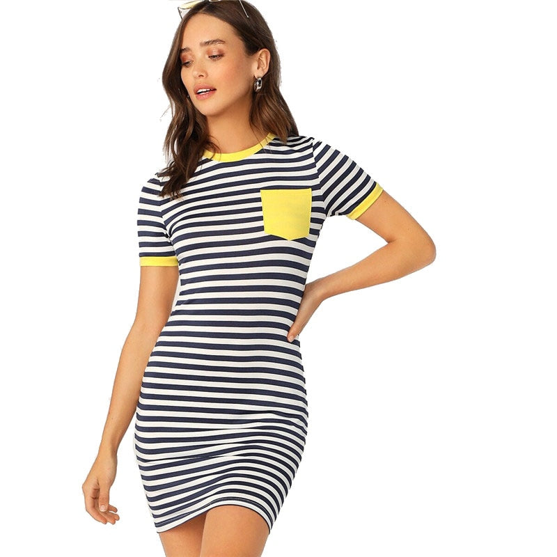 Pocket Patched Striped Ringer Tshirt Casual Dress Women Short Sleeve Preppy Round Neck Summer Dress Slim Bodycon Dresses-3
