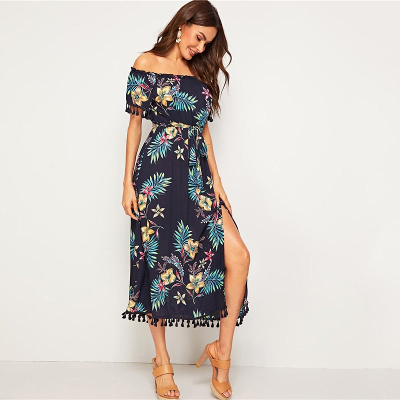 Navy Tropical Print Tassel Trim Split Thigh Belted Bardot Dress Women Summer Off the Shoulder High Waist Boho Long Dresses-2