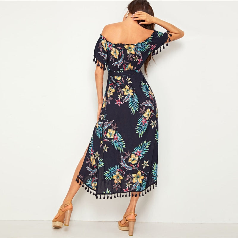 Navy Tropical Print Tassel Trim Split Thigh Belted Bardot Dress Women Summer Off the Shoulder High Waist Boho Long Dresses-4