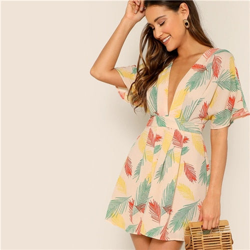 Plunge Neck Tied Open Back Tropical Dress Deep V Neck Fit and Flare Women Dresses Short Sleeve Summer Dress-1