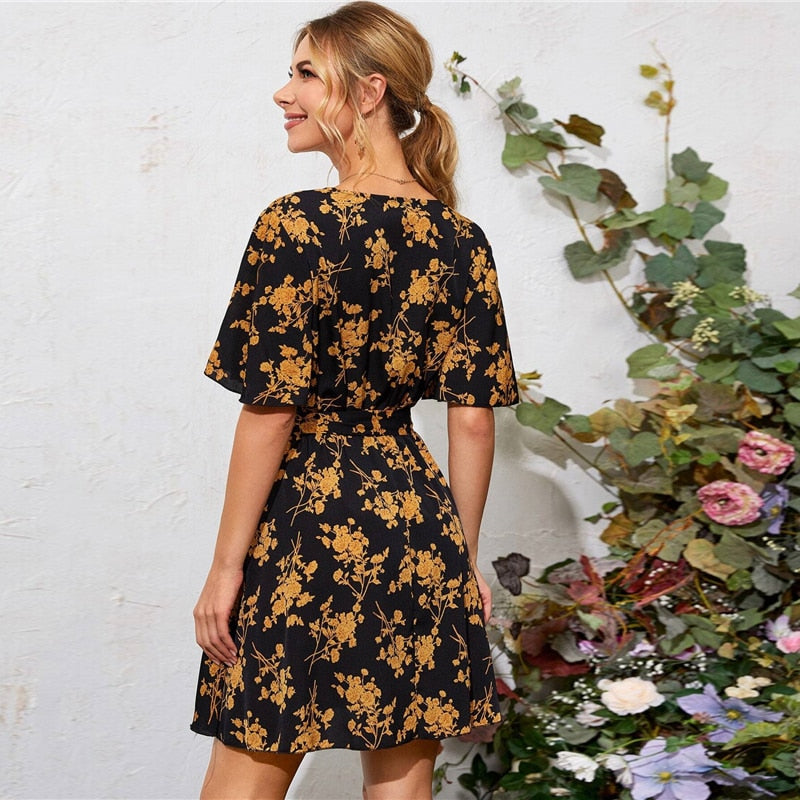 Multicolor Bell Sleeve Belted Floral Print Dress Women Summer High Waist V Neck A Line Flared Boho Mini Dresses-3