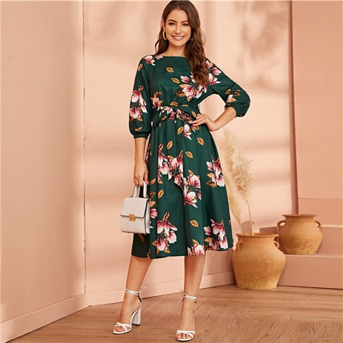 Green Abaya Elastic Waist Belted Floral High Waist Dress Women Spring Autumn Bishop Sleeve Flared Elegant Long Dresses-4