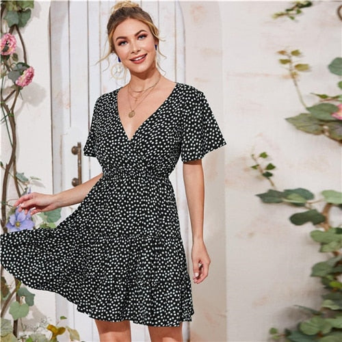 Green Ditsy Floral Surplice Front Ruffle Hem Dress Women V Neck Short Sleeve Summer Boho High Waist Short A Line Dresses-5