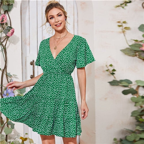 Green Ditsy Floral Surplice Front Ruffle Hem Dress Women V Neck Short Sleeve Summer Boho High Waist Short A Line Dresses-2