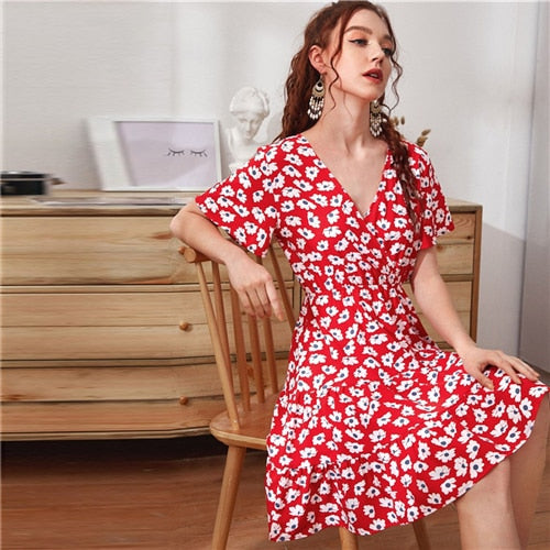Green Ditsy Floral Surplice Front Ruffle Hem Dress Women V Neck Short Sleeve Summer Boho High Waist Short A Line Dresses-0