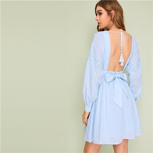 Lady Sexy Guipure Lace Dot Jacquard Knot Backless Deep V Neck Mini Dress Women Spring Boho Fit and Flare Midi Dress-2