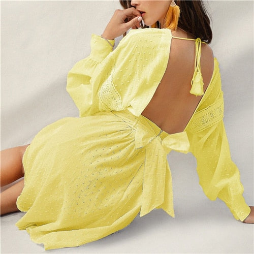 Lady Sexy Guipure Lace Dot Jacquard Knot Backless Deep V Neck Mini Dress Women Spring Boho Fit and Flare Midi Dress-6