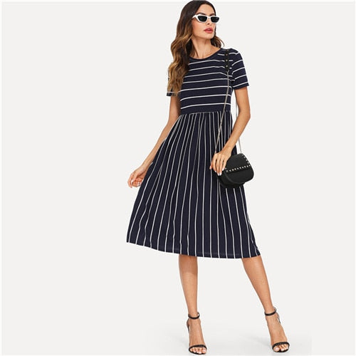Navy Elegant Round Neck Short Sleeve Mixed Stripe Natural Waist Smock Dress Summer Women Weekend Casual Dresses-3