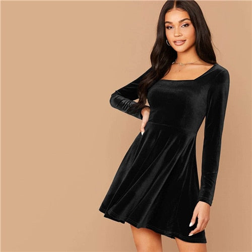 Solid Square Neck Flared Elegant Velvet Dress Women Spring High Waist Long Sleeve Ladies Fit And Flare Party Short Dresses-6