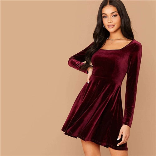 Solid Square Neck Flared Elegant Velvet Dress Women Spring High Waist Long Sleeve Ladies Fit And Flare Party Short Dresses-5