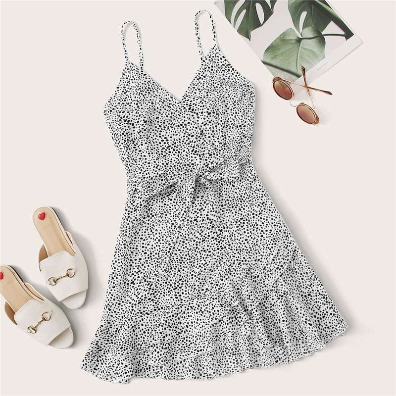 Surplice Wrap Belted Dalmatian Print Ruffle Hem Cami Dress Women Summer Asymmetrical Hem Boho Short Dresses-2