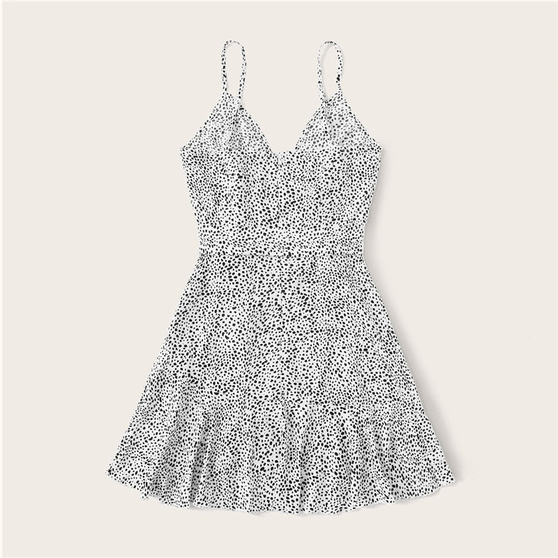 Surplice Wrap Belted Dalmatian Print Ruffle Hem Cami Dress Women Summer Asymmetrical Hem Boho Short Dresses-1