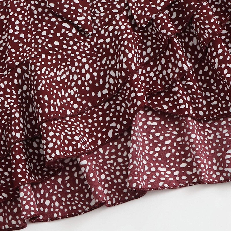 Surplice Wrap Belted Dalmatian Print Ruffle Hem Cami Dress Women Summer Asymmetrical Hem Boho Short Dresses-4