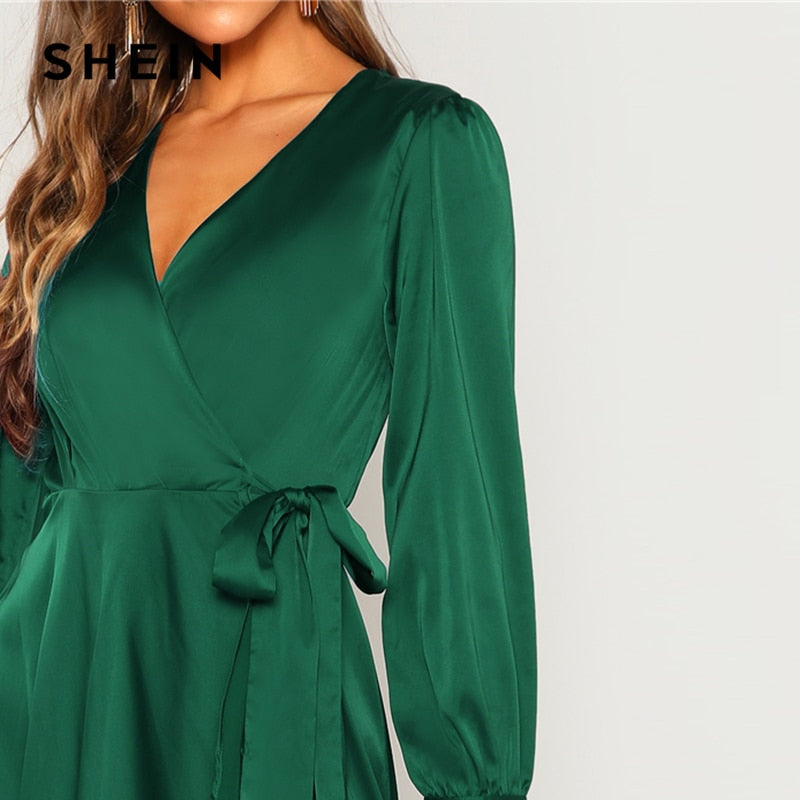Green Solid Surplice Wrap Knot High Waist Belted Maxi Plain V Neck Dress Women Casual Summer Modern Lady Elegant Dress-3