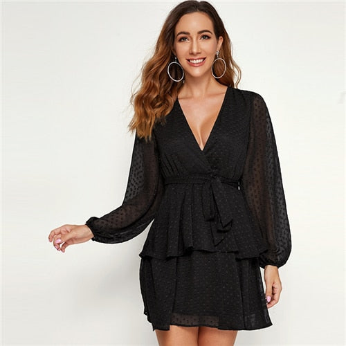 Purple Deep V Neck Double Layer Hem Swiss Dot Dress Women Autumn Bishop Sleeve Sexy Ladies Belted Short Dresses-6