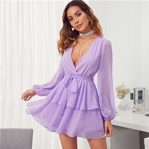 Purple Deep V Neck Double Layer Hem Swiss Dot Dress Women Autumn Bishop Sleeve Sexy Ladies Belted Short Dresses-0