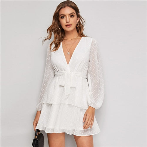 Purple Deep V Neck Double Layer Hem Swiss Dot Dress Women Autumn Bishop Sleeve Sexy Ladies Belted Short Dresses-5