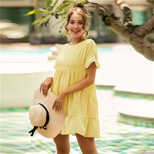 Red Ditsy Floral Print Ruffle Hem Smock Dress Women Summer O-neck Ruffle Hem Loose Boho Cute Mini Chiffon Dresses-5