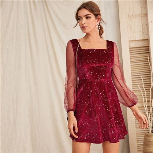 Galaxy Print Contrast Sheer Mesh Sleeve Christmas Velvet Dress Women Spring Square Neck A Line Party Short Flared Dresses-5