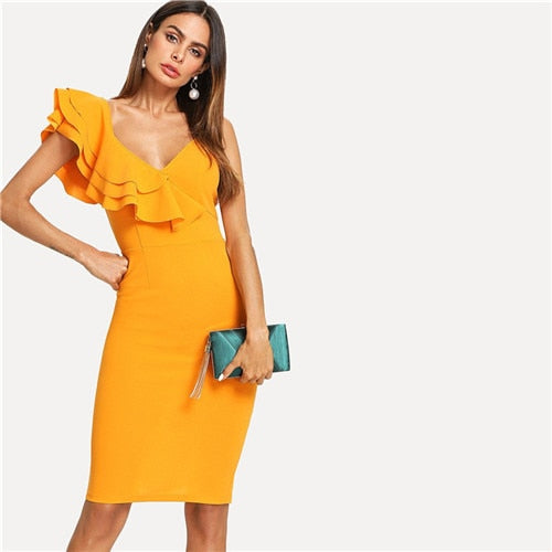 Sleeveless Ruffle Layered Flounce Trim Split Back V Neck Party Bodycon Dress Women Summer Knee Length Slim Pencil Dress-0