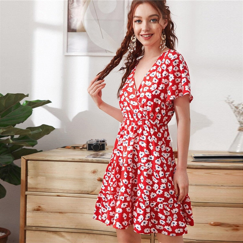 Green Ditsy Floral Surplice Front Ruffle Hem Dress Women V Neck Short Sleeve Summer Boho High Waist Short A Line Dresses-3