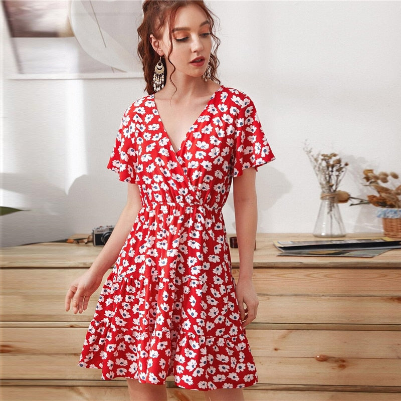 Green Ditsy Floral Surplice Front Ruffle Hem Dress Women V Neck Short Sleeve Summer Boho High Waist Short A Line Dresses-1