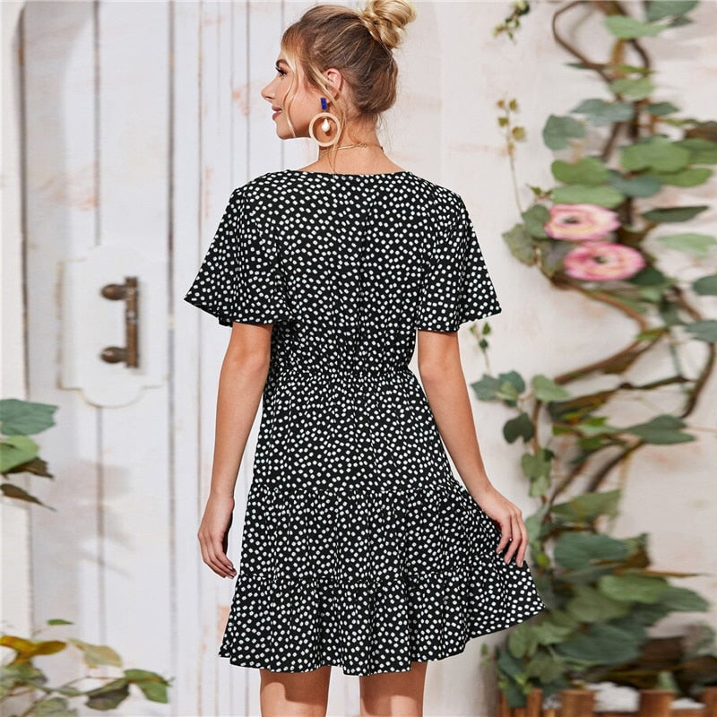 Green Ditsy Floral Surplice Front Ruffle Hem Dress Women V Neck Short Sleeve Summer Boho High Waist Short A Line Dresses-4