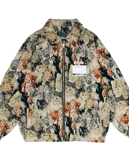Jacket Men Cute Cat Painting Printed Zipper Coat Autumn Loose Casual Retro Cool Hip Hop Style Outwear Couple Streetwear-0