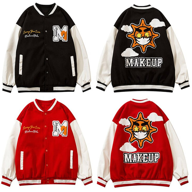 Jacket Men Cartoon Furry Sun Cloud Patch Patchwork Bomber Coats Loose Hip Hop Funny High Street Baseball Outwear Autumn-4